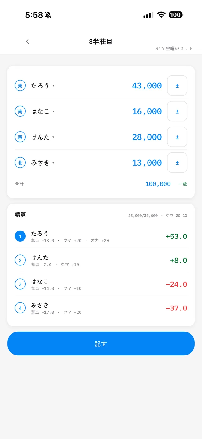 4人の持ち点を入れて精算する画面